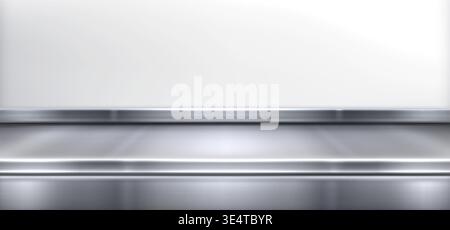 Steel kitchen counter with shiny metal surface. Modern 3D realistic vector background for product display. Empty glossy countertop in grey tones with steel texture and clean design. Stock Vector