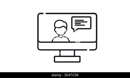 Desktop computer icon with person and speech bubble on screen representing video call Stock Vector