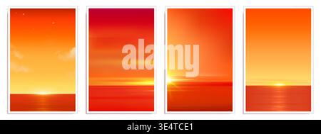 Warm summer beach sunset gradient set. Vector realistic illustration of tranquil sky above sea or ocean water, stars shining at dusk, tropical vacation poster backgrounds, abstract horizon designs Stock Vector