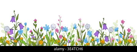 Hand drawn wildflowers border isolated on white background. Vector cartoon illustration of colorful summer field flowers, spring garden design, birthday card decoration, botanical poster element Stock Vector