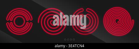 Neon red spiral induction hobs glowing on black background. Vector realistic illustration of heating cooktop surface icons, electric range elements with radial wave pattern, warm temperature signal Stock Vector