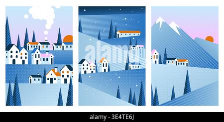 Winter geometric landscape cards, abstract vector backgrounds with mountains and snowy village houses, night blue sky with crescent and sunrise. Seasonal posters, christmas postcard artworks Stock Vector
