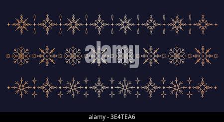 Golden snowflake borders, elegant winter seamless patterns isolated on dark background. Festive snow ornaments, decorative frames for holiday greeting cards, Christmas banners, and New Year designs. Stock Vector
