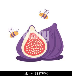 Fig fruit with bees flat vector, whole and cut fig composition isolated on white Stock Vector