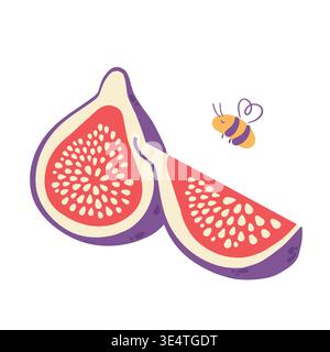 Fig fruit with bees flat vector, Sliced fig and cut fig composition isolated on white Stock Vector