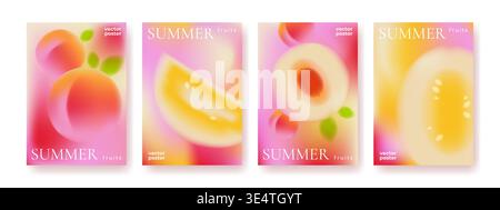 Pastel summer fruits posters collection. Vector realistic illustration of abstract fresh fruit shapes on soft pink gradient background, creative modern banner designs with peach and strawberry melon Stock Vector