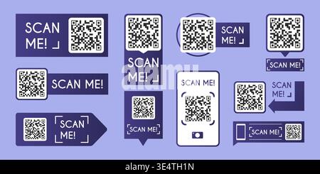 QR code scanner icons set isolated on background. Vector realistic set of smartphone screen and scan me frames with digital barcode for mobile payment, product verification, modern business technology Stock Vector
