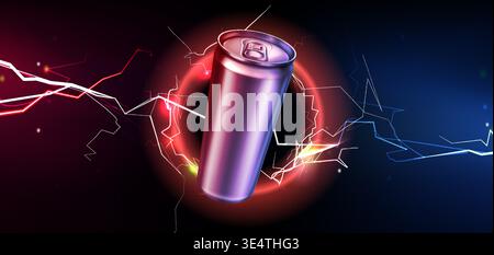 Energy drink can and color lightning effects on black background. Vector realistic illustration of tin bottle mockup for soda or carbonated power beverage, drinking product advertising banner design Stock Vector