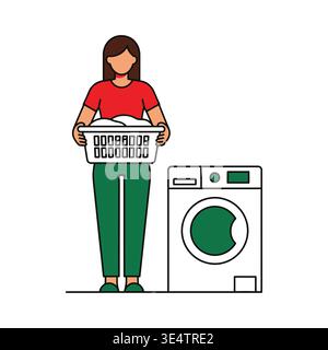 A woman in green pants holds a cup of coffee Stock Vector