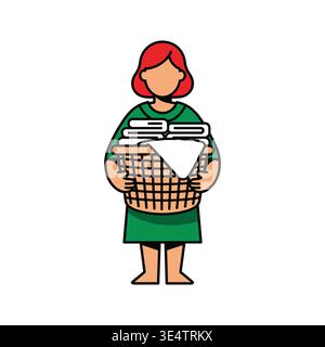 A cartoon woman holding a green laundry basket Stock Vector