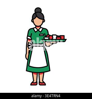 A woman pushing a green vacuum cleaner Stock Vector