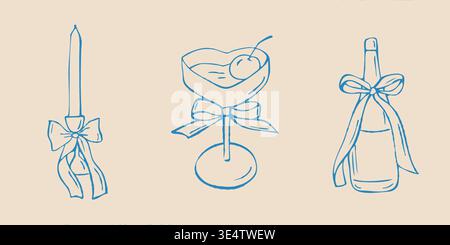 Hand drawn wedding celebration set. Champagne Bottle, Candle and Dessert glass vector Illustration Stock Vector