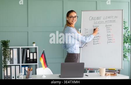 Cheerful teacher conducting online German lesson, talking to laptop webcam, explaining grammar rules to students Stock Photo