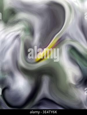 Abstract composition of fluid swirls and soft smoky textures in muted shades of gray with a vibrant yellow focal point. Stock Photo