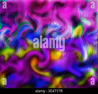 Vibrant abstract composition of swirling rainbow colors and fibrous brush-like textures conveying motion, energy, and flowing movement. Stock Photo