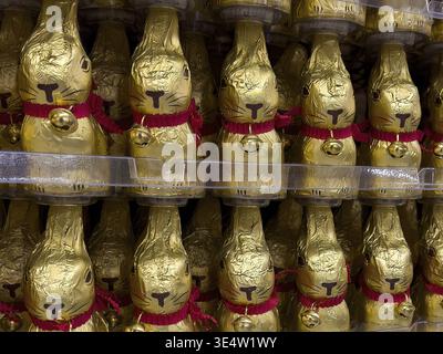 Retail display of chocolate Easter bunny Easter bunny Easter bunny brand Lindt with chocolate bell wrapped in golden tinfoil paper, Germany Stock Photo