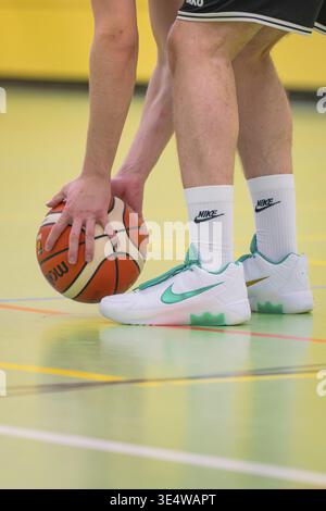 Close-up of a player holding basketball on the indoor floor, TSV Calw basketball, Germany Stock Photo