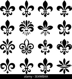 This image displays a collection of twelve fleur-de-lis symbols arranged in a 3x4 grid. Each symbol is identical in design, featuring three rounded Stock Vector