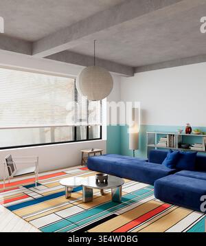 Contemporary modern living room with bauhaus inspired design featuring geometric balance bold primary accents and clean minimal furniture in a structu Stock Photo