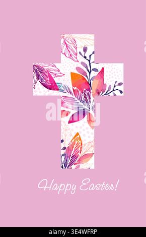 Religious cross with watercolor flowers flowers . Hand drawn. Not AI, vector illustration. He is risen Hand drawn. Not AI, vector illustration Stock Vector