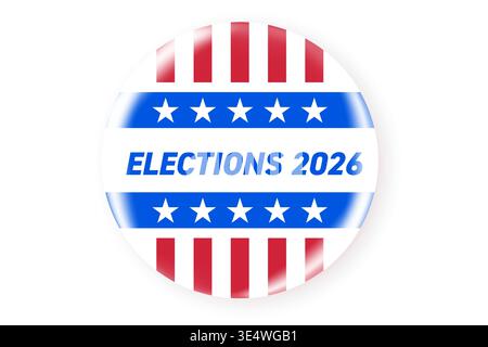 Realistic round vote badge with American flag. USA election voting sticker for 2026 midterm election. Responsible voting symbol, vector illustration. Stock Vector
