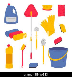 Professional cleaning of offices, bathrooms for cleaning center, including wipes, cleaning products, brushes. Vector illustration. Stock Vector