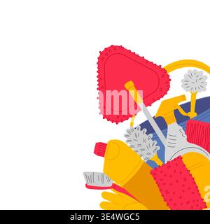 Household cleaning inventory: mops, cleaning products, brushes, rags, and icons on white background for advertising. Stock Vector
