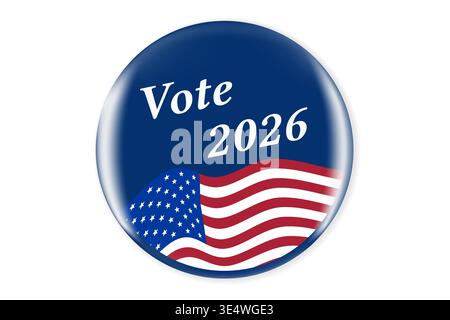 Realistic round vote badge with American flag. USA election voting sticker for 2026 midterm election. Responsible voting symbol, vector illustration. Stock Vector