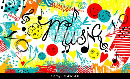 Abstract funny music background with blots and various abstract elements. music with notes . Hand drawn. Not AI, vector illustration. Stock Vector