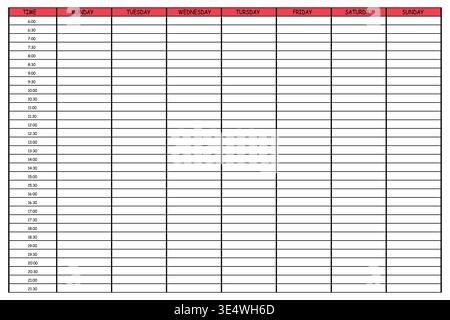 24 Hourly Weekly Schedule - Monday Start. Mockup for daily scheduling and time management. 30-minute increment hourly planner templates. Time Planner Stock Vector