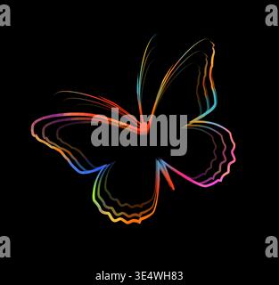 Butterfly with a brush line on a black background. Butterfly colored silhouette, art brush instead of body, flat vector, contour drawing, Hand drawn Stock Vector