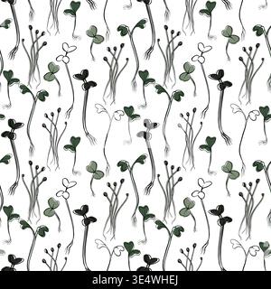 Seamless vector pattern with microgreens and sprouts, clover leaves and stems, hand drawn line illustration in green tones on light background. for Stock Vector