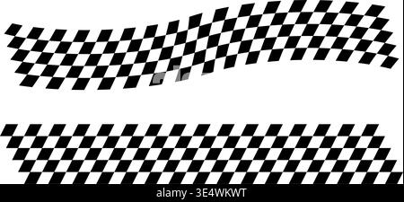 Race flag lines. Black and white checker finish ribbon. Car race grid pattern. Rally border texture. Wavy checker lines. Chess graphic design element Stock Vector