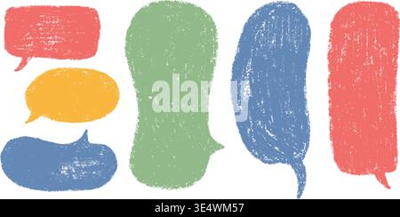 Crayon speech bubble. Color doodle text frames. Hand drawn pastel comic dialog box. Chalk texture speech bubble. Chat balloon. Cloud shape. Vector Stock Vector