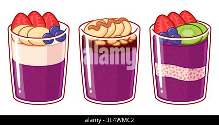 Acai bowl set in transparent plastic cups, traditional Brazilian street food. With granola, chia, yogurt and fruits. Cute cartoon vector illustration. Stock Vector