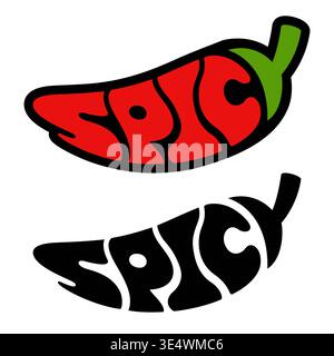 "Spicy" hand drawn text lettering in chili pepper shape. Logo design, color and black and white version. Isolated vector clipart illustration. Stock Vector