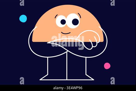 Cute happy geometric figure face made in a semicircle shape with raised arms and tiny legs. Stock Vector