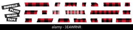 Vector set with red and black lumberjack buffalo plaid Christmas torn stripes of adhesive paper tape for scrapbooking and holiday decoration Stock Vector
