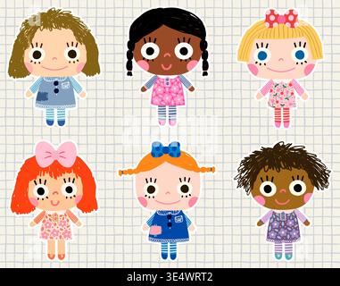 Vector doll illustration for girl designs, Cute hand painted children toys for graphic design Stock Vector
