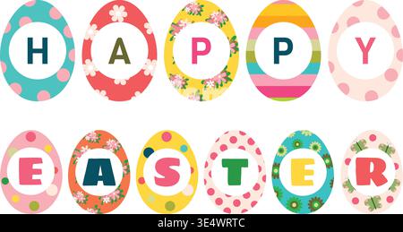 Colorful Easter eggs with text Happy Easter for greeting cards, invitations and brochure Stock Vector