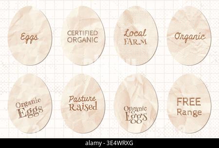 Vector halftone paper eggs, egg shaped graphic design elements for packaging and labels for organic farm and free range eggs and baking backgrounds Stock Vector