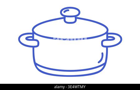 Cooking pot with lid in blue line art style. Vector isolated illustration Stock Vector