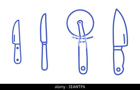 Kitchen knives icons set with utility knife, table knife, pizza cutter and chef knife. Blue line vector on white background. Stock Vector