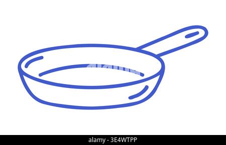 Frying pan in blue line art style. Hand drawn icon. Outline vector isolated illustration.  Stock Vector