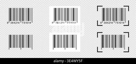 Collection of barcode stickers with scanner frames. Bar code labels isolated on transparent background. Visual data digital representation with Stock Vector