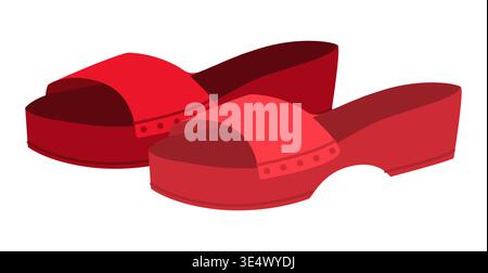 Red clog sandal shoe women flat pair. Platform slide sandal for seaside promenade summer party. Technical fashion illustration CAD mockup soft vector man unisex isolated contemporary style. Stock Vector
