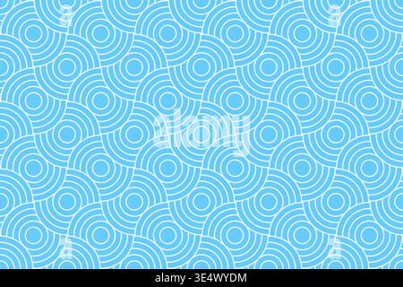 Blue overlapped circles in traditional Japanese or Chinese style seamless pattern. Sea or ocean water background. Dragon or fish scale texture. Abstract oriental ornament. Vector flat illustration. Stock Vector