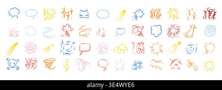Color comic effect manga elements set on clean white background. Bright pop art explosions, bubbles, lightning and text clouds for playful superhero headlines, sales banners and kids comic designs. Stock Vector