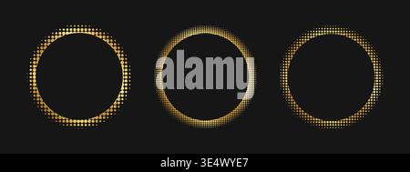 Set of golden round frames with faded dotted borders. Gold ring shapes with pixel, confetti or grain texture isolated on black background. Vector illustration. Stock Vector