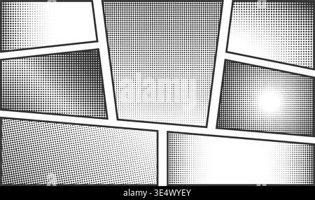 Comic manga page panel with frames and halftone backgrounds. Anime graphic novel book sample with dotted noise faded textures. Storyboard template with polka dot patterns. Vector illustration. Stock Vector